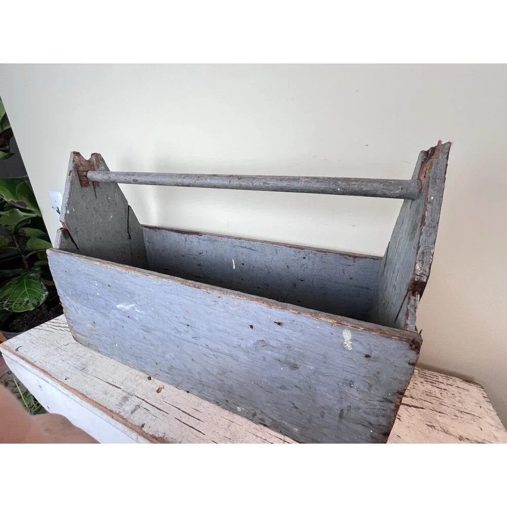Vintage Grey Primitive Carpenter's Wooden Tool Box Caddy Tote Rustic Wood 21”